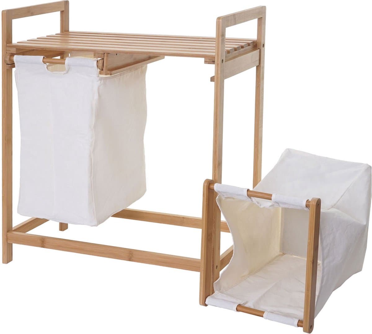 Wasmand MCW-B83, wassorteerder Wasmand, bamboe 2 compartimenten 74x64x33cm 70l ~ wit — afbeelding 1
