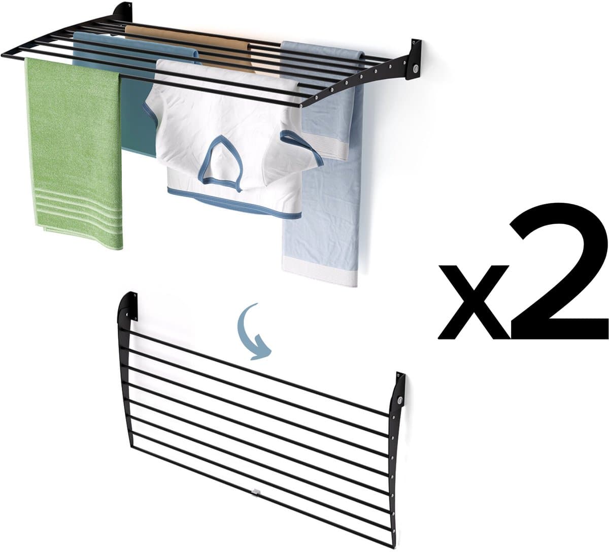 2x Foxydry Fold 100 DOWN - black - wasdroogrek wandmontage clicksysteem - neerwaartse sluiting - 100 x 50 x 10 cm — afbeelding 1