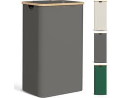 Wasmand - Met Deksel - Opvouwbaar - Smal & Hoog - Van Bamboe Hout - Met Waszak - Voor Was Sorteren - Donkergrijs - 85L