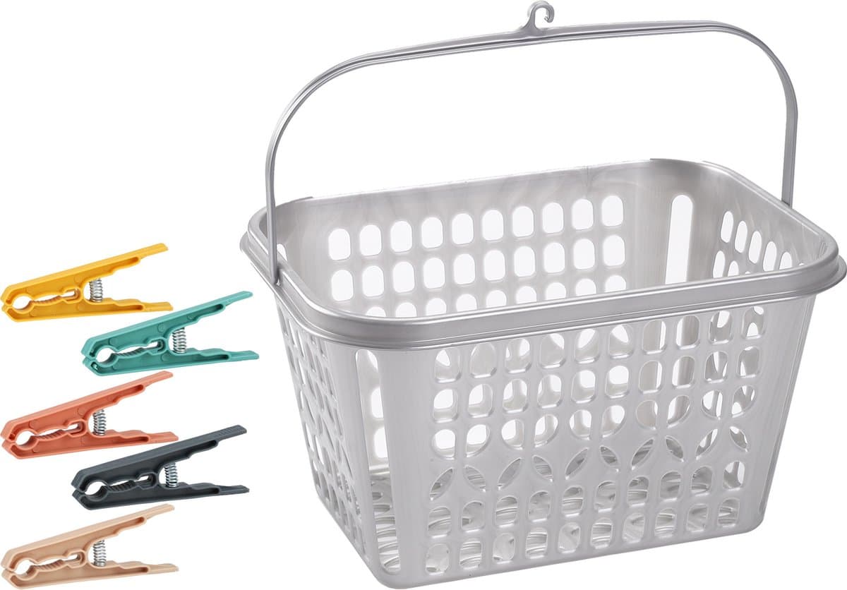 Wasknijper mandje/bakje - zilver - inclusief 48x wasknijpers - kunststof — afbeelding 1