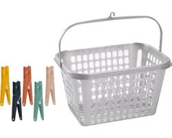 Wasknijper mandje/bakje - zilver - inclusief 48x wasknijpers - kunststof — afbeelding 1