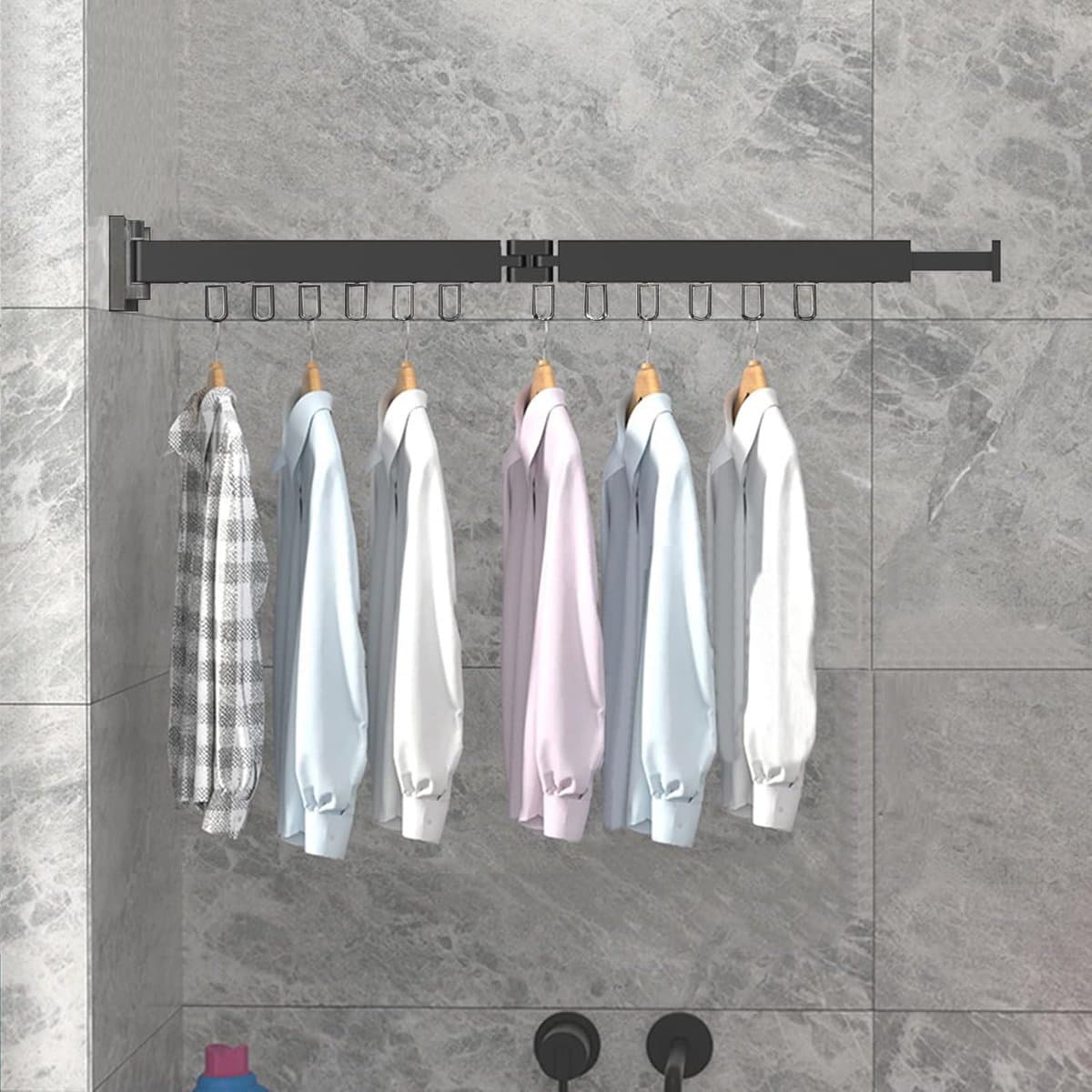 Intrekbaar Wanddroogrek voor Kleding met Handdoekhouder - Opvouwbaar Aluminium Droogrek voor Balkon, Badkamer en Terras — afbeelding 1