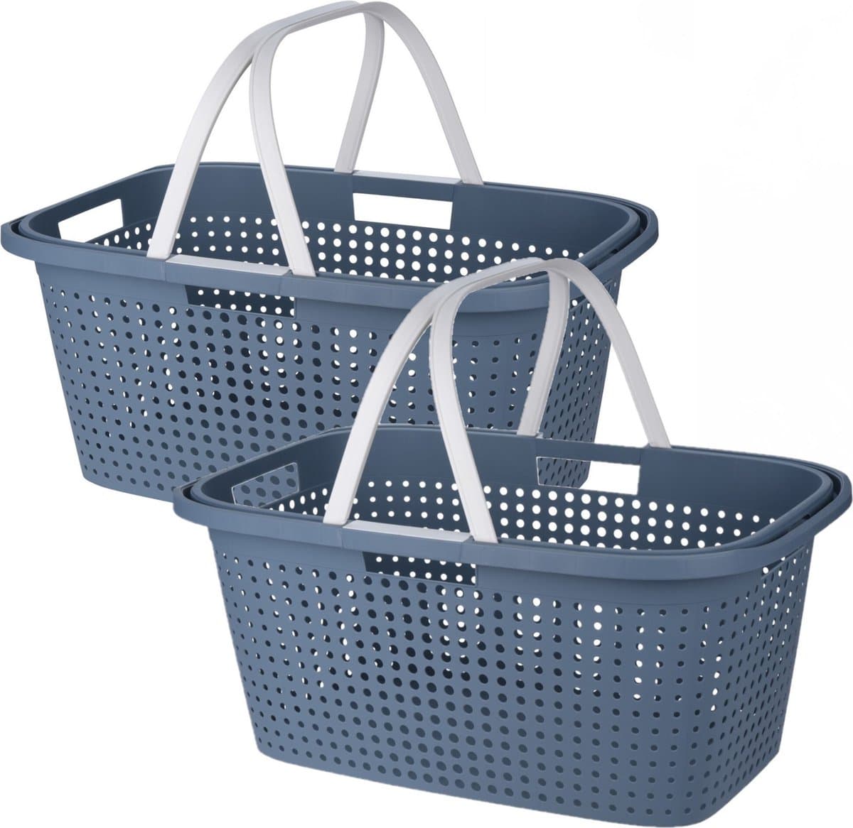Wasmand met hengsel - 2x stuks - 38 liter - 60 cm - blauw/wit - Draagwasmanden - Wasgoedmand - Mand met handvatten — afbeelding 1