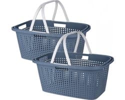 Wasmand met hengsel - 2x stuks - 38 liter - 60 cm - blauw/wit - Draagwasmanden - Wasgoedmand - Mand met handvatten — afbeelding 1