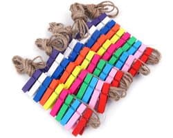50 houten wasknijpers van 1,3 inch met 2 meter jute koord voor knijpers, decoratie en hobbygebruik