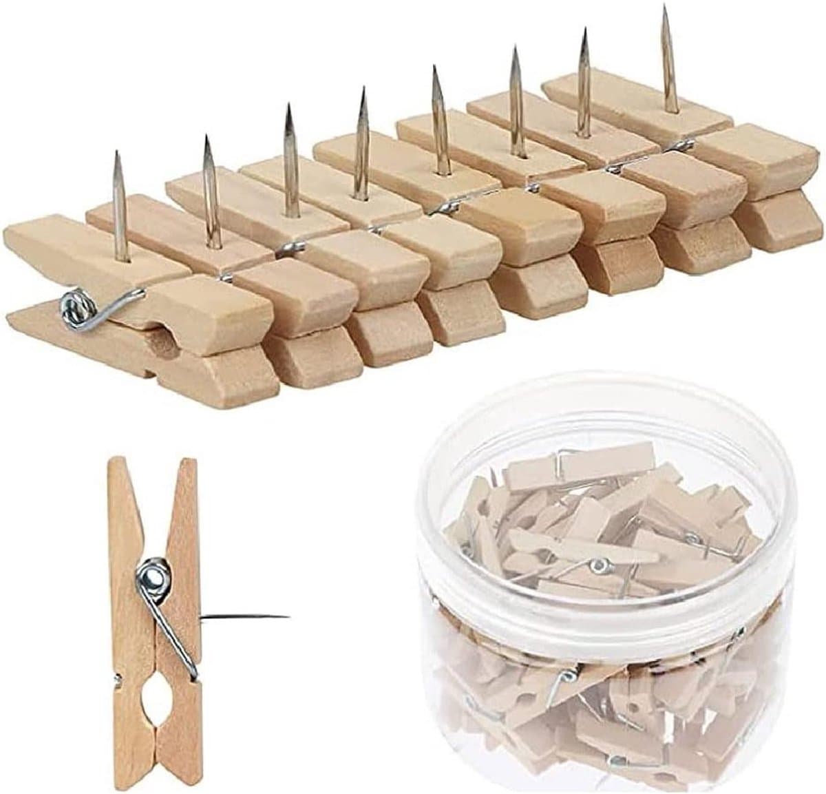 Houten clip punaises - Kopspijkers met klem - Foto's ophangen - Milieuvriendelijk materiaal - 50 stuks - Houtkleur — afbeelding 1