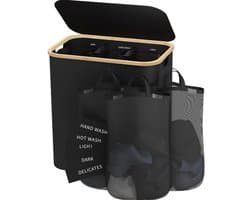 Stervia Wasmand - Wasmand 3 Vakken - Wassorteerder - 160 Liter - Ademend - Licht Materiaal - Opvouwbaar - Zwart - 37 x 57 x 75 cm