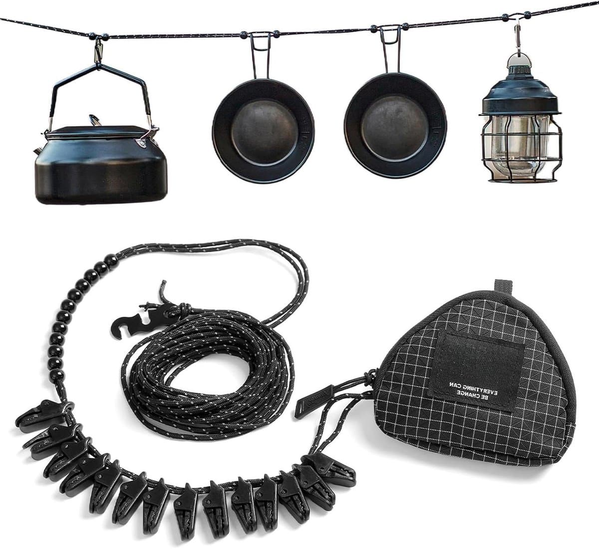 Waslijn voor op reis - Drogerecord Kampeerkabel - Kleding Drogen - Reflecterend koord - 1.0 Meter - Zwart — afbeelding 1