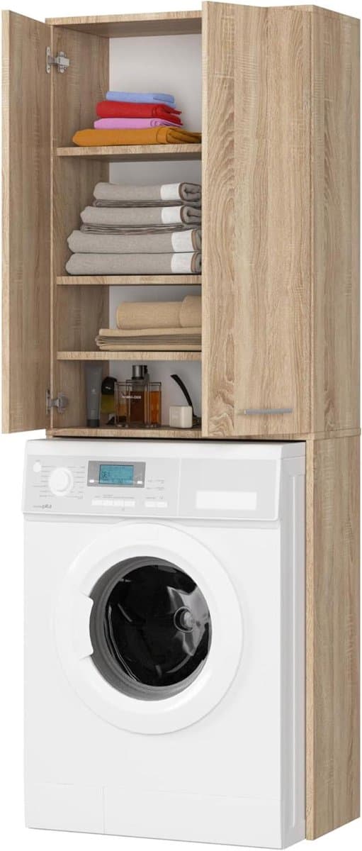 Wasmachinekast - Badkamermeubel Hoge kast - Ruimte Organiseren - Zonder Boren te Monteren - 180 cm - Sonoma Eik — afbeelding 1