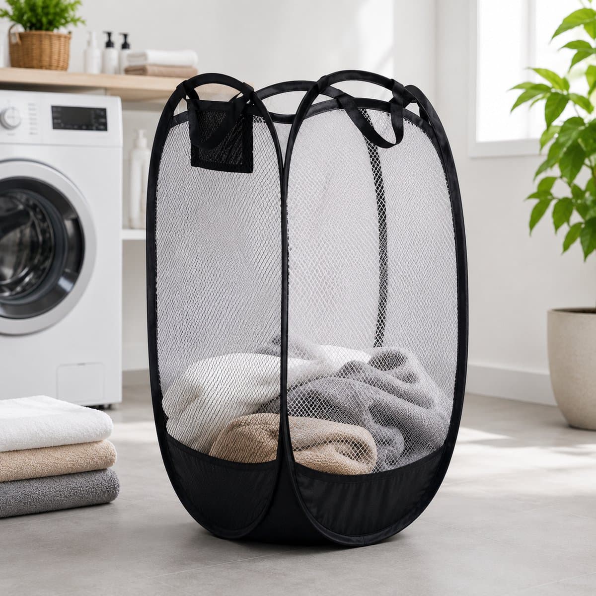 HEM Opvouwbare Waszak 64 Liter – Pop-up Wasmand – Inklapbare Laundry Bag met Handgrepen – 36x36x58 cm – Zwart – Inclusief HEM Microvezeldoekje — afbeelding 1