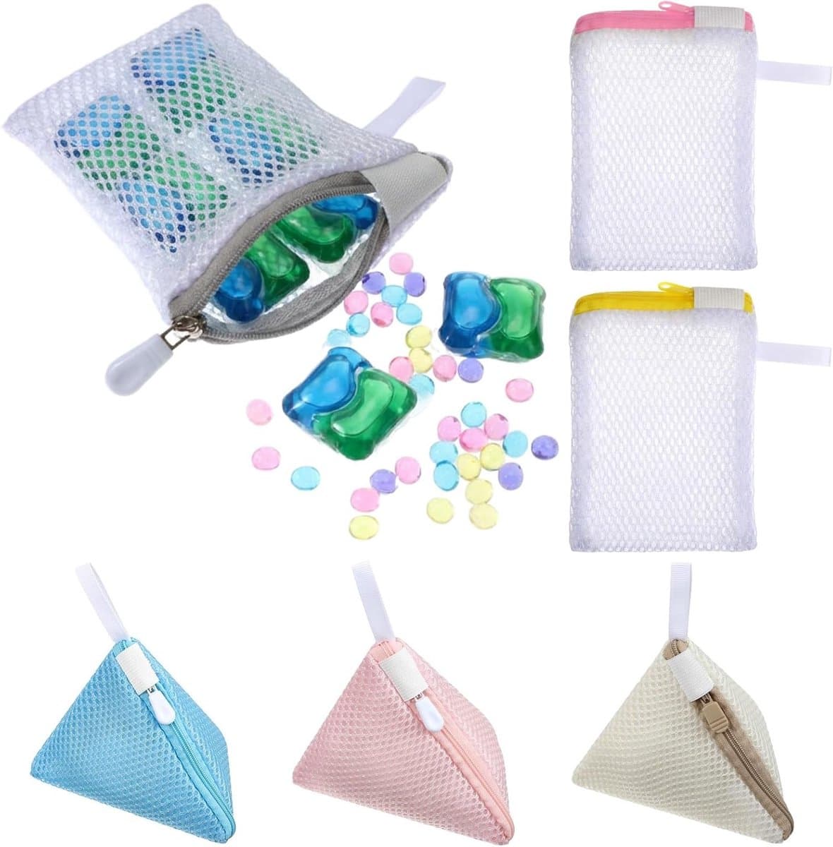 Mini-wasnetten set van 6, kleine driehoekige waszakken voor delicate kleding, anti-hechting en geurparels, polyester opbergtassen voor de wasmachine — afbeelding 1