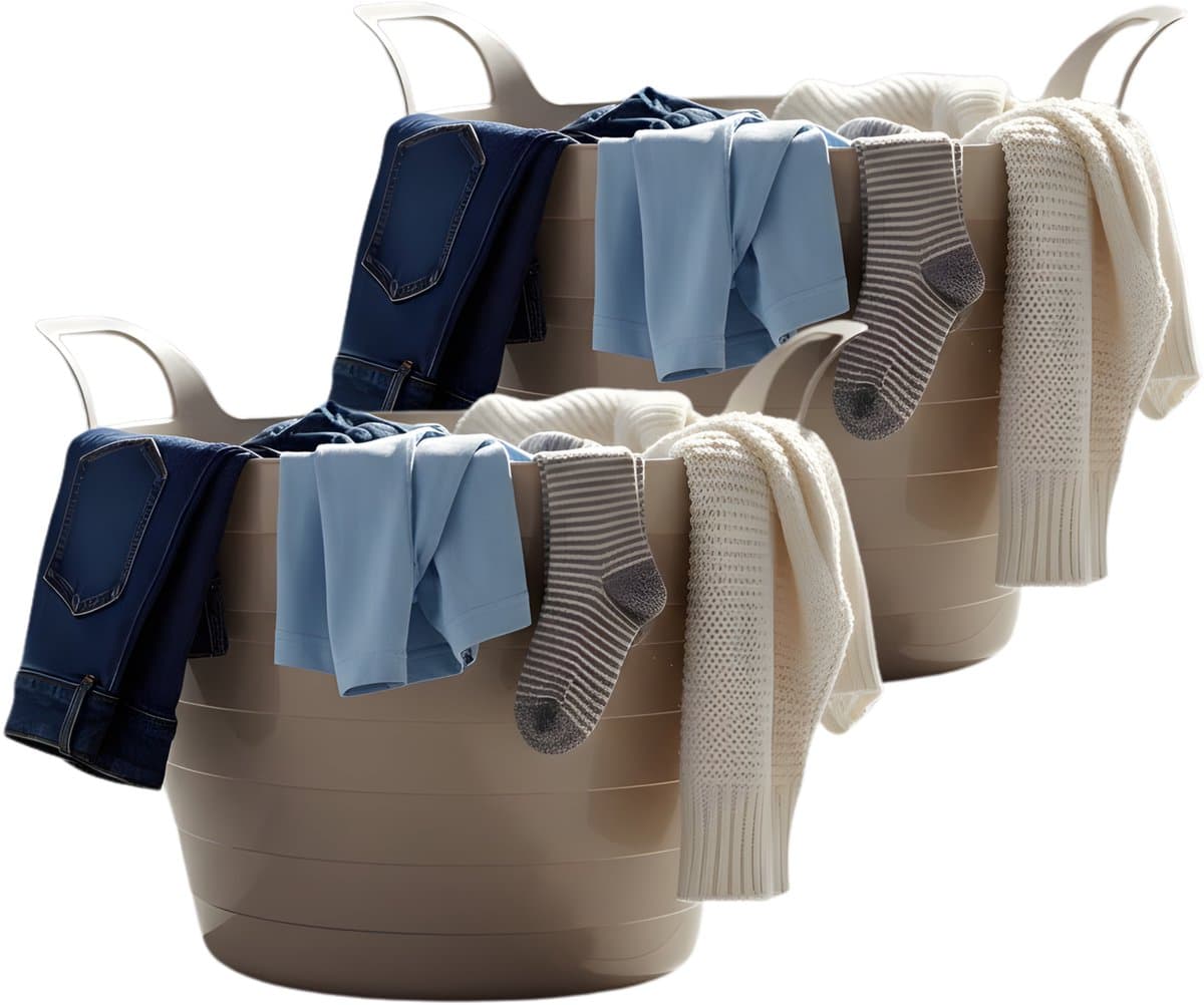 Excellent Houseware Flexibele wasmand - 2x - beige - 30 liter - kunststof - 54 x 37 cm - met handvatten — afbeelding 1
