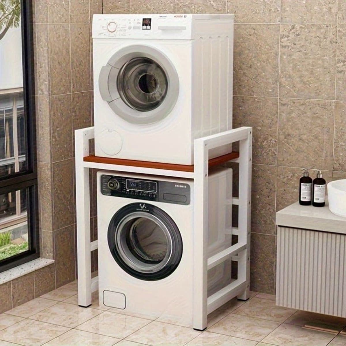 Wasmachinekast – Wasmachine Ombouw – Drogerkast – Wasmachine Meubel – Badkamerkast – Walnoot Kleur – Verstelbare Planken – Gietijzer Frame — afbeelding 1