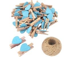 25 Stuks Lichtblauwe Mini Houten Hartje Wasknijpers, Multicolore Kleine Wasknijpers met Hart, 3cm Hart Fotoknijpers, Kleine Wasknijpers met Koord voor Foto's Display, DIY Handwerk, Bruiloft en Baby Shower Decor