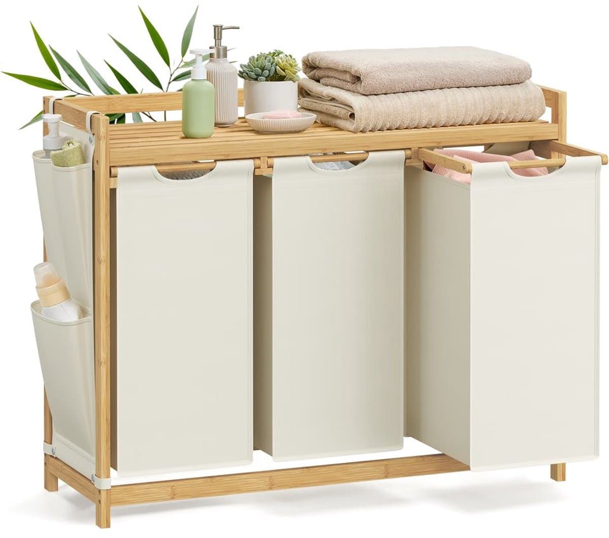 Wasmand 3 Vakken 3 x 50 L 94 x 33 x 78 cm Crèmewit – Grote Opberger — afbeelding 1