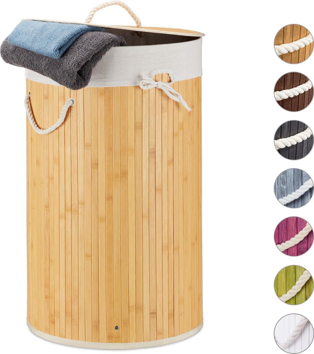 Bamboe wasmand met deksel - ruimtebesparend - 1 stuk - cremekleurig - 70 liter — afbeelding 1