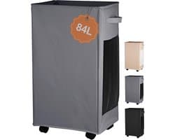 Vouwbare wasmand met wielen en zijzakken, praktische en stijlvolle oplossing voor vuile was, ideaal voor studenten en reizen, donkergrijs 84L