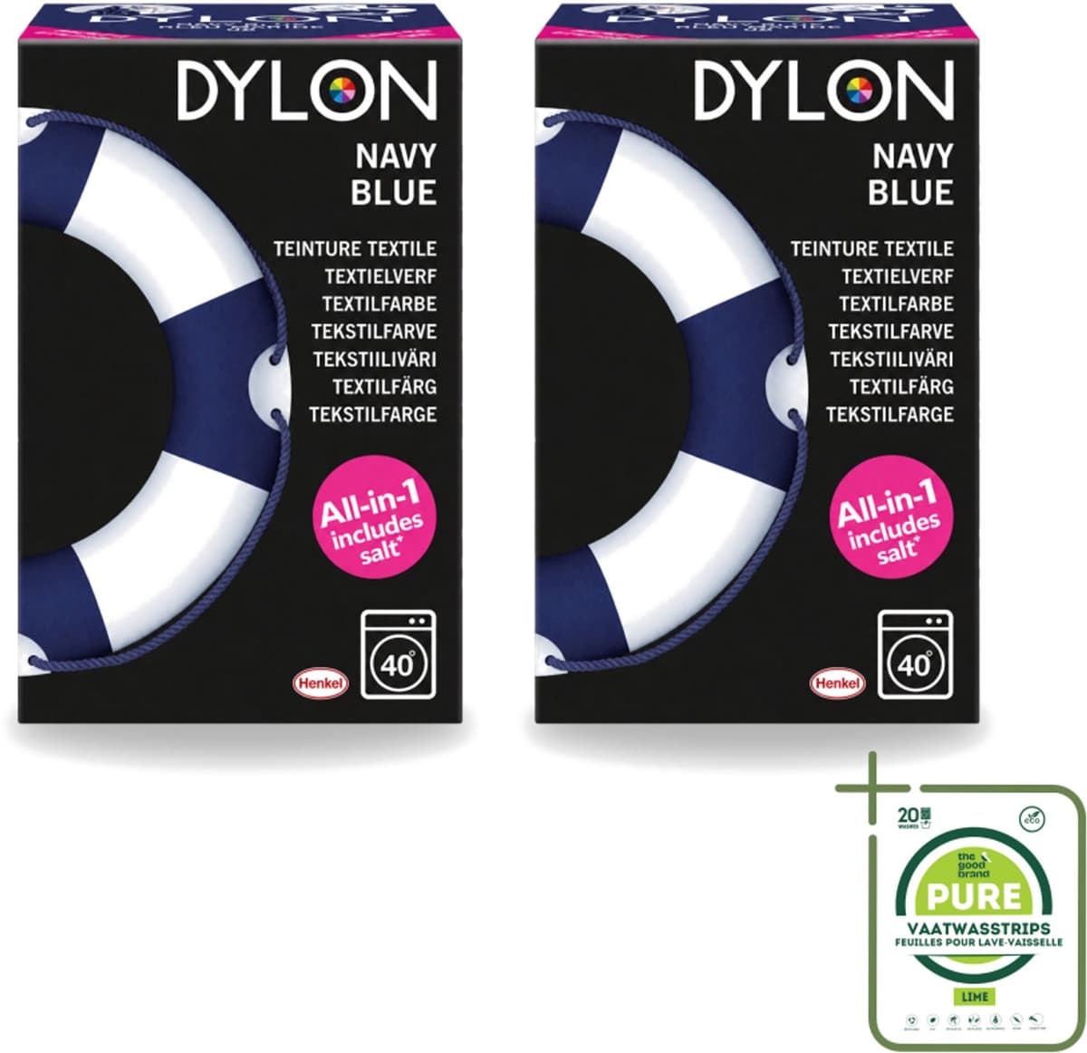 2 x Dylon - Textielverf - Navy Blue - All-in-One - Inclusief Zout - 350g - Grootverpakking - Vaatwasstrips - Textielverf - Kleding Verven - Kleurstof - Katoen Verven - Stof Verven — afbeelding 1