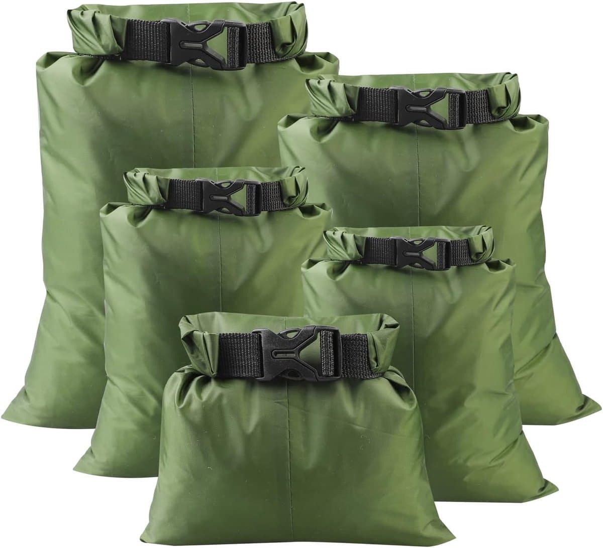 5 Stuks Waterdichte Drybags, 1,5 L/2,5 L/3,5 L/4,5 L/6 L, Draagbare Droogzak Waterdichte Tas Dry Bag voor Kajakken Driften Onderdompele Varen Wandelen Kamperen Outdoor (Legergroen) — afbeelding 1
