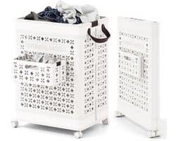 COSTWAY Wasmand op wielen, 75 liter, ruimtebesparend, opbergdoos, waterdicht, met ondergoedmand en handgrepen, opvouwbare wasmand, 43,5 x 34 x 61 cm, wit