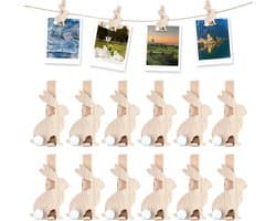 Houten knijpers - Hazenclips decoratief - Foto's ophangen - Uniek konijnenontwerp - 12 stuks - Houtkleur