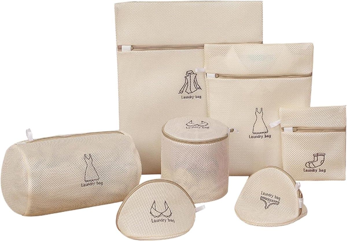 Set van wasnetten met gaas, 7-delige set waszakken met automatische ritssluiting, geschikt voor damesondergoed, damesoverhemden, korte rokken, panty's, BH's - beige — afbeelding 1