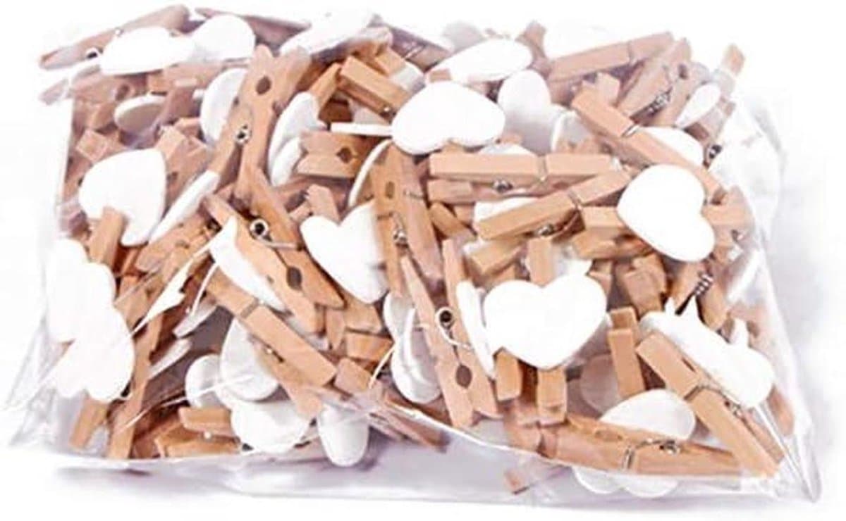 Houten Pinnen Clips - Fotohouders Hart - Knutselen Decoreren - Natuurlijk Hout - 100 Stuks - Wit — afbeelding 1