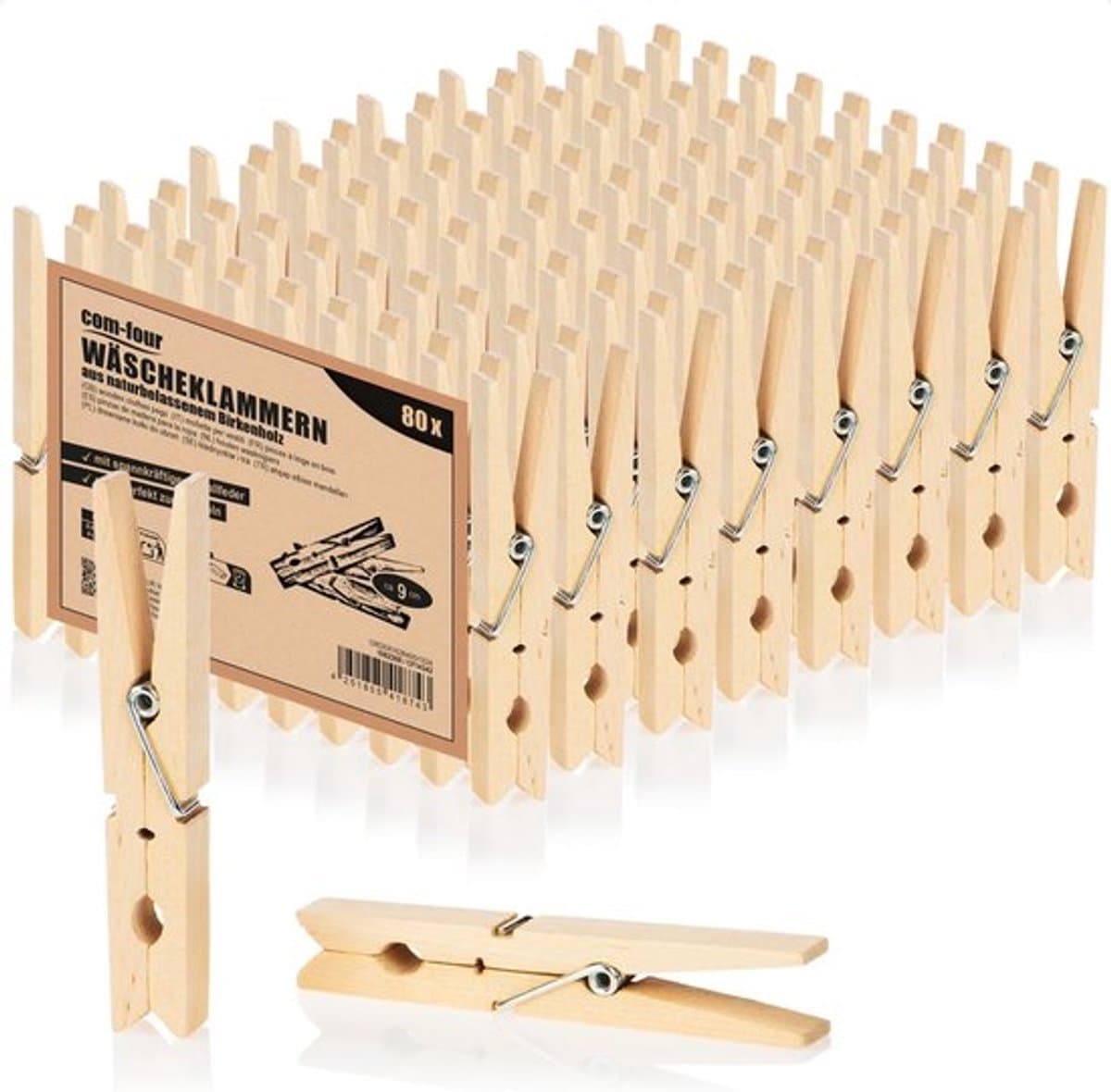 SnelShoppen - XL Houten Wasknijpers 80 Stuks - Duurzame Berken Houten Klemmen met Sterke Metaalveer - Onbehandeld - Ideaal voor Buitenshuis, Camping e — afbeelding 1