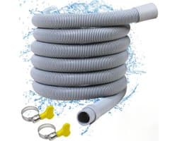 Universele afvoerslangverlenging van 3 meter met koppelingen en slangklemmen, geschikt voor wasmachines en vaatwassers.