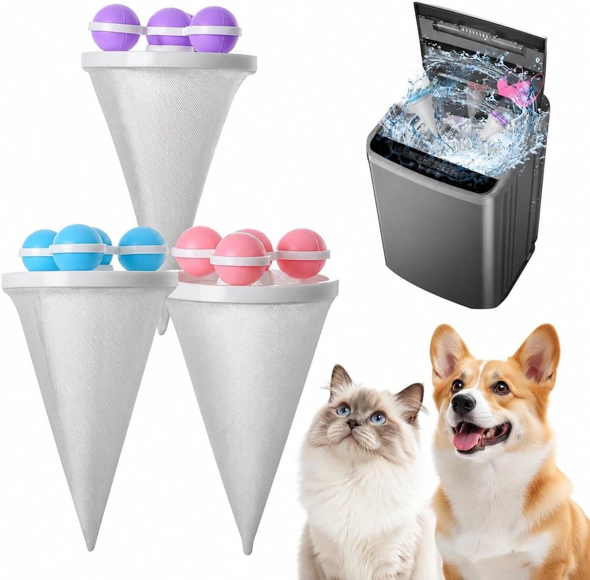 3 stuks - Wasmachine filterzakken - Wasmachine pluizenfilterzak - Drijvende wasmachinefilterzak - Pluizenverzamelaar voor wasmachines - Herbruikbaar - Voorkomt verstopping van de wasmachineafvoer - Blauw, Roze, Paars — afbeelding 1