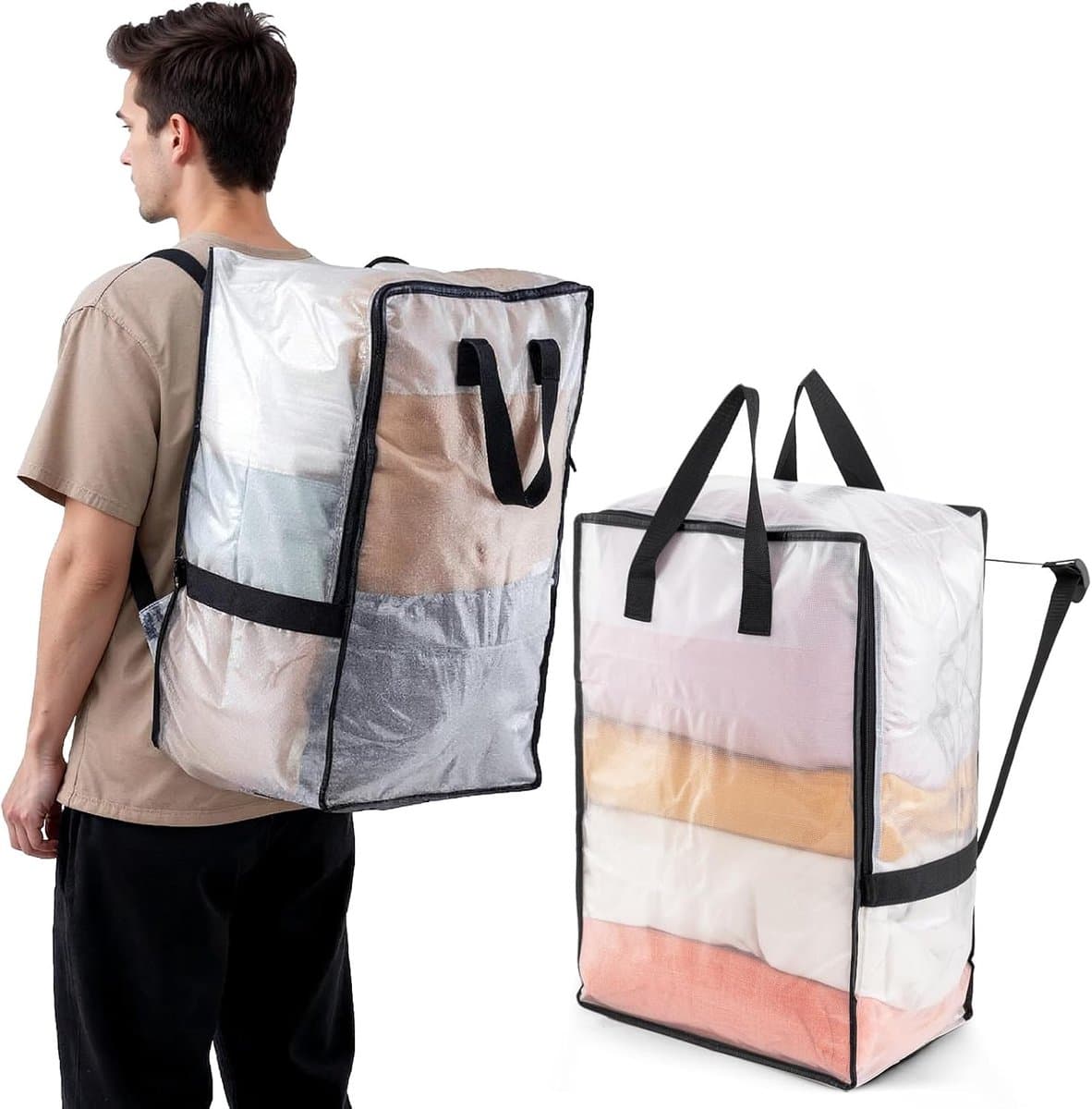 SnelShoppen - Verhuistassen 2 Pack, Duidelijk, Sterke Handvatten & Ritsen, Kledingopslag, Waszakken, Verpakkingsmateriaal, Reis- en Verhuisspullen — afbeelding 1