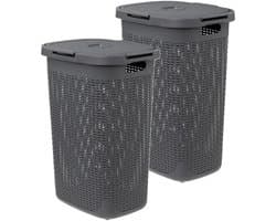 5Five Wasmand met deksel Rotan - 2x - donkergrijs - gevlochten kunststof - 60 liter - 45 x 35 x 66 cm
