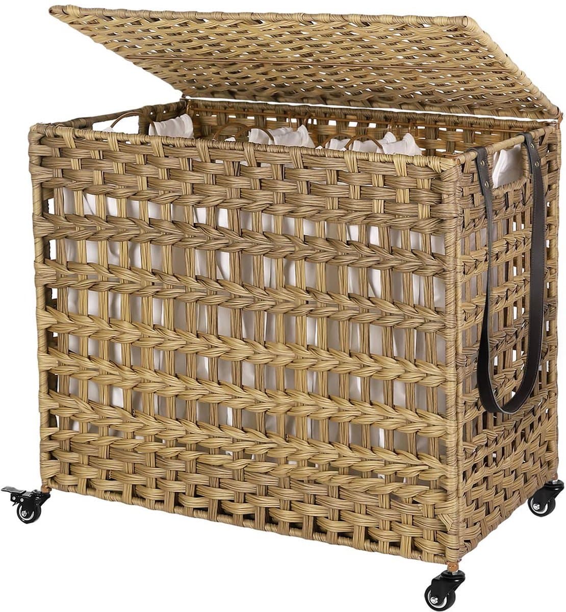 Wasmand Didi op wielen - Met handgrepen - Wasbox - Rechthoek - Wassorteerder - Rotan wicker - 3 vakken — afbeelding 1