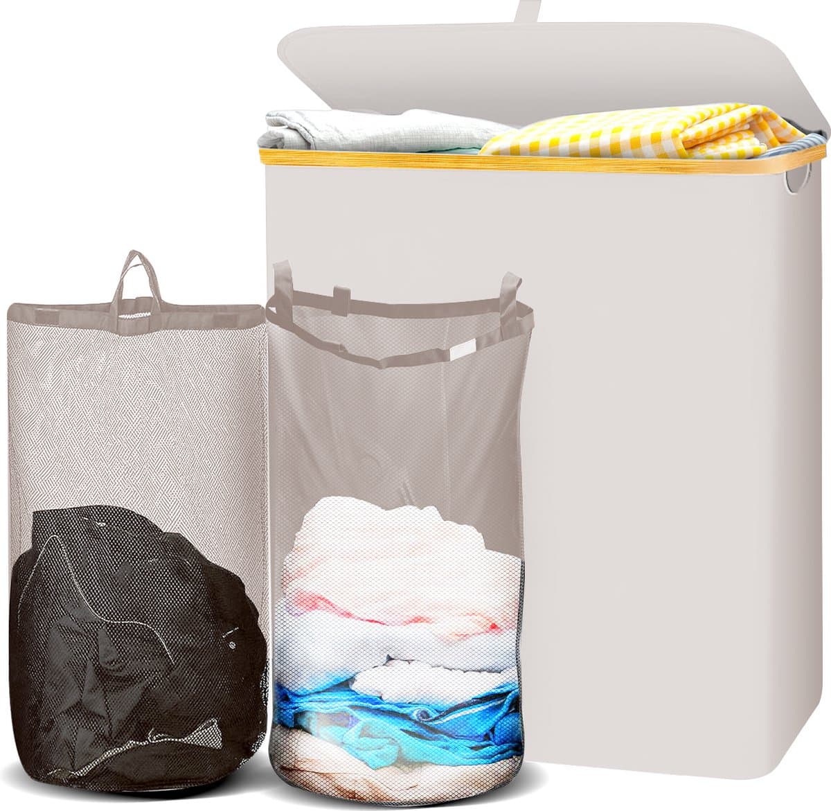 Lugia Wasmand - 2 Waszakken - 141L - Natuurlijk Bamboe - Wasmand met Deksel - Wassorteerder - Beige — afbeelding 1