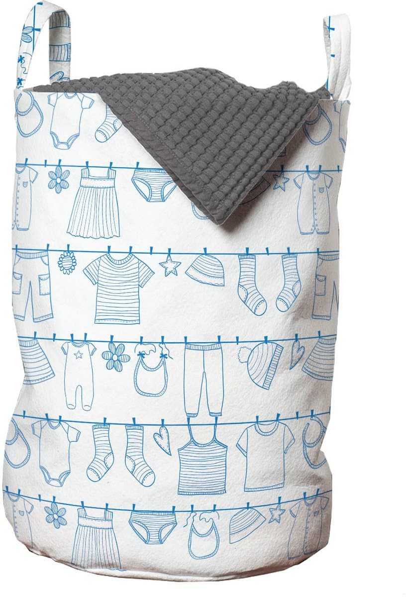 ABAKUHAUS kleuterschoolwaszak, babykleding drogen, wasmand met handvatten en trekkoord voor wasserettes, wit en blauw — afbeelding 1