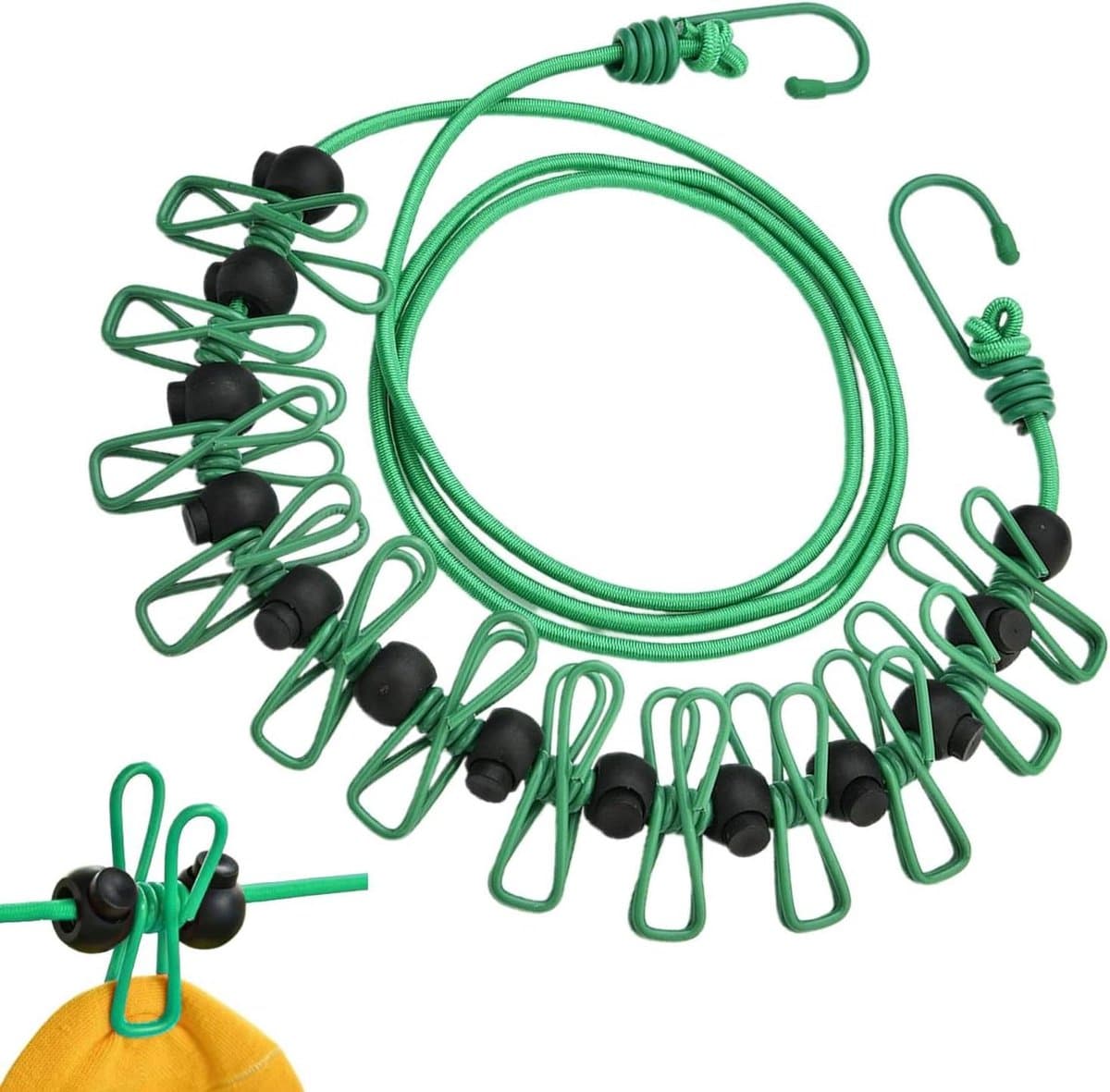 Waslijn voor reizen - Wastouw drooglijn - Kleding drogen - Winddicht antislip design - Tot 3.7 meter - Groen — afbeelding 1