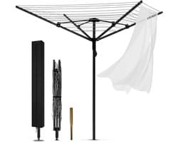 Vouwbare 4 Arm 50m Droogtoren - Verstelbare Kledingdroger met Deksel en Waslijn Spike voor Buiten in de Tuin, Ideaal voor Droog Kleding en Handdoeken
