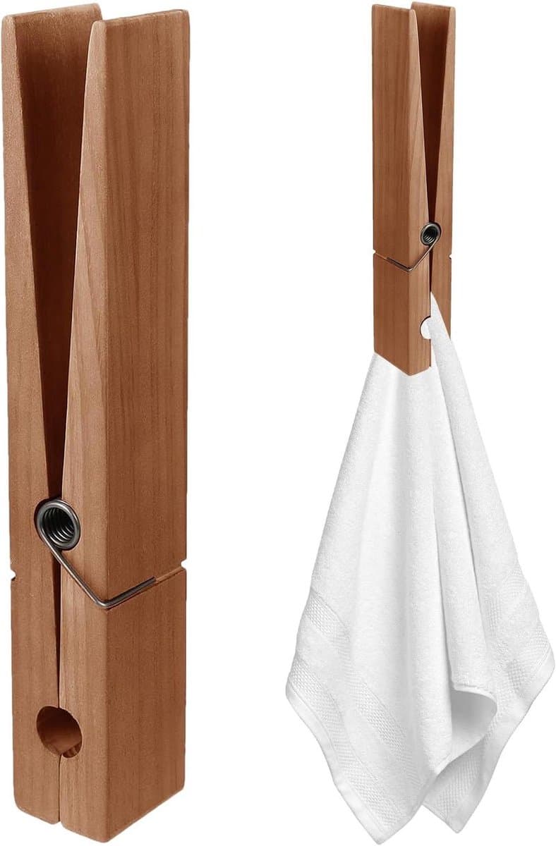 Houten Wasknijpers - Kledingklemmen Handdoekhouder - Ruimte Besparen - Gigantisch Formaat - 30 cm - Houtkleur — afbeelding 1