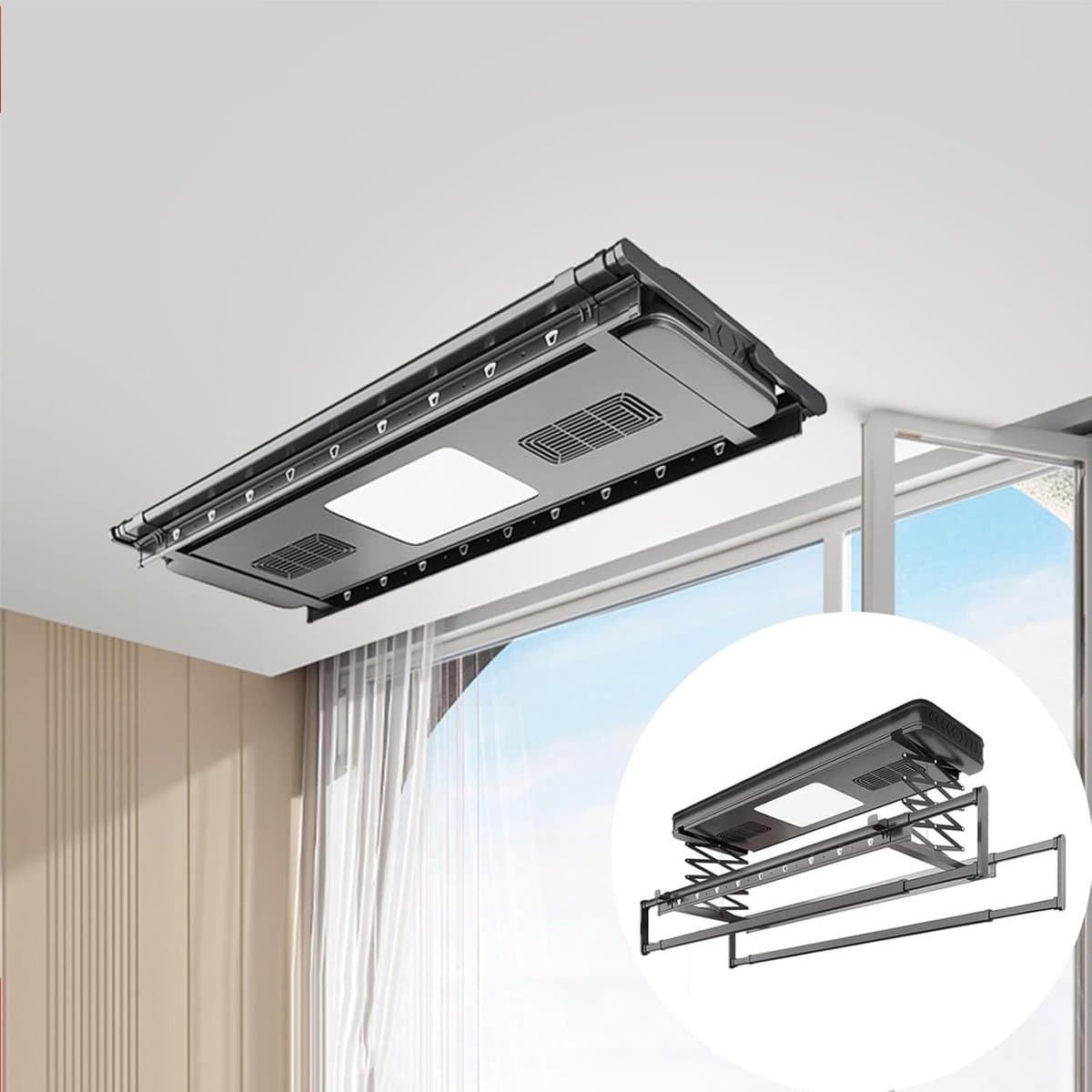 Elektrisch Droogrek - Plafond Drooglift - Kleding Drogen - Afstandsbediening Hefsysteem - 119x34cm - Wit — afbeelding 1