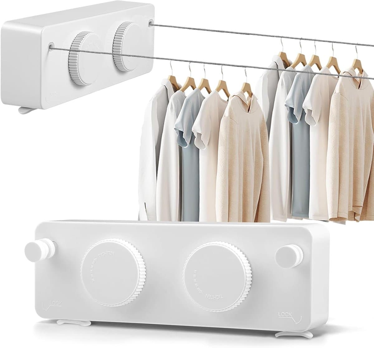 Uittrekbare Waslijn - Wand Waslijn - Ruimte Besparen - Dubbel Touw Systeem - 2x 4.2 Meter - Wit — afbeelding 1