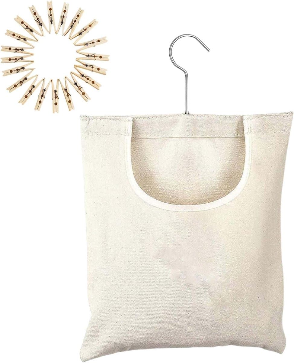 Wasknijper Opbergzak - Canvas Zakje - Wassen Organiseren - 360 Graden Draaibaar - 32x27cm - Beige — afbeelding 1