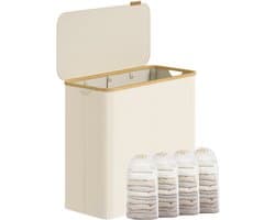 SONGMICS - Wasmand - Wasmand met 4 Vakken - Opvouwbare Wasverzamelaar met Deksel - Bamboe Handgrepen