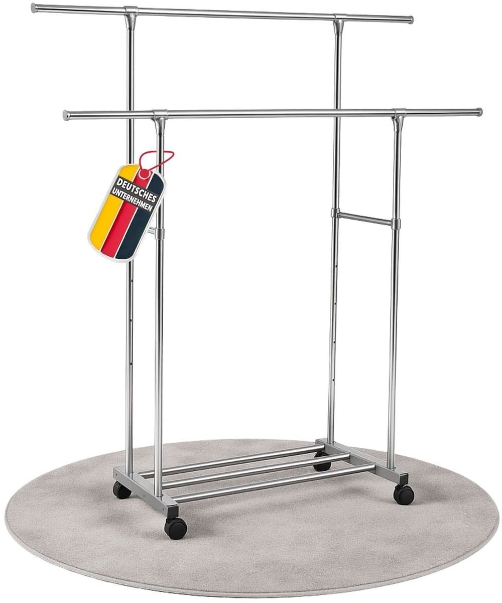 Coemo mobiel kledingrek op wielen, L 162x42x160 cm, metalen rolkast, 2 kledingstangen voor de slaapkamer, kledinghangers, vrijstaand kledingrek, kledingkaststandaard — afbeelding 1