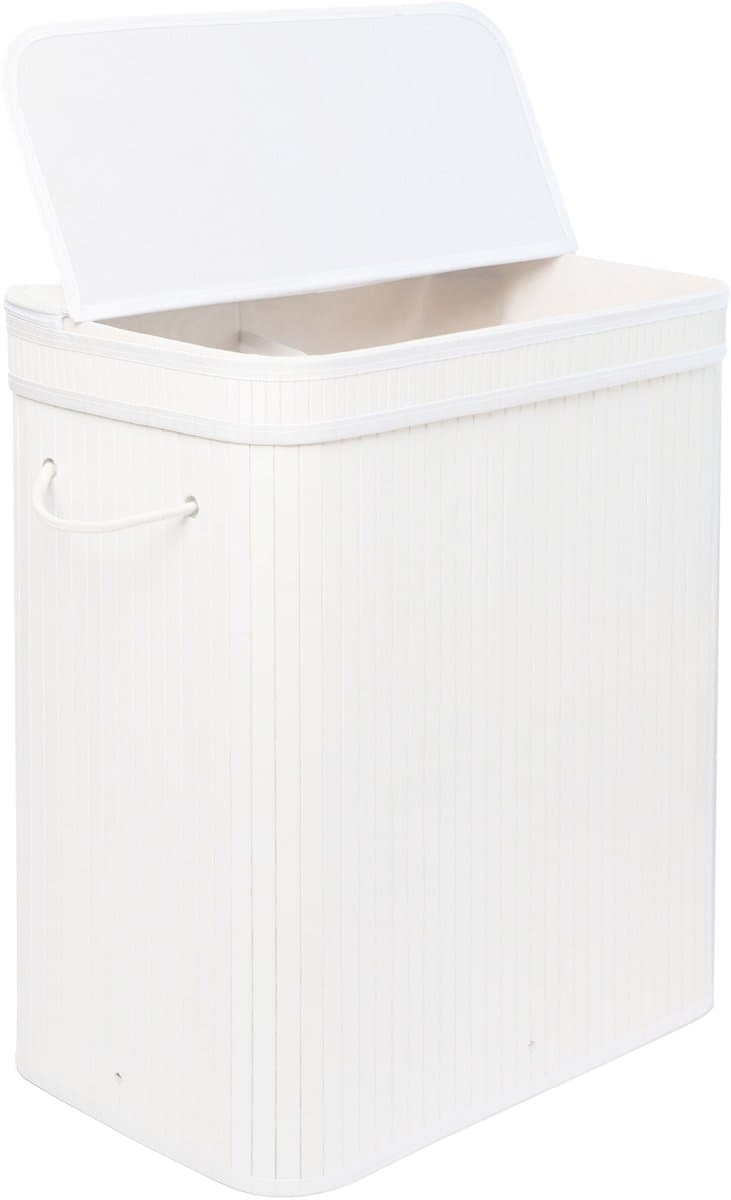 Wasmand - 100 l - 2 vakken - opvouwbaar - bamboe - wit — afbeelding 1