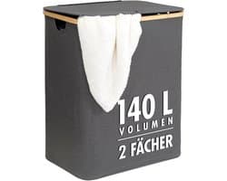 Wasmand 140 liter met deksel en bamboe frame | 2 vakken en uitneembare waszakken | Opvouwbare en stijlvolle oplossing voor wasgoed