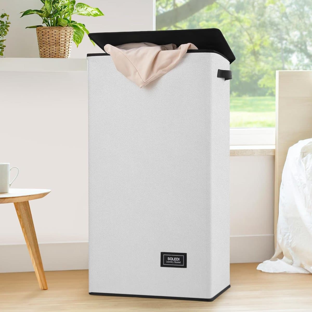 Wasmand met deksel, grijs, groot en stabiel, opvouwbaar, modern, met waszak en handvat, voor het opbergen van kleding en speelgoed, 100 liter — afbeelding 1