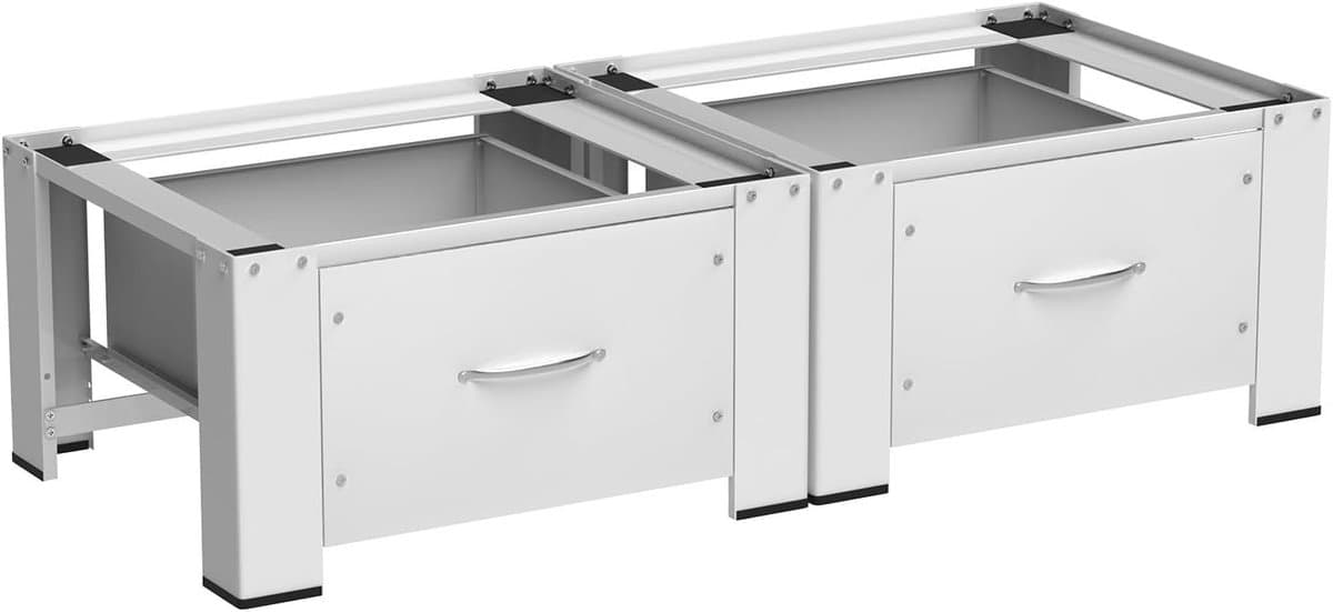 2-delige set wasmachine-onderstel, met lade, 63 x 54 x 32 cm, wit, versterkte stalen platforms elk 150 kg, grote opbergruimte 44 x 48 x 18 cm, universele onderbouw voor wasmachine/droger — afbeelding 1