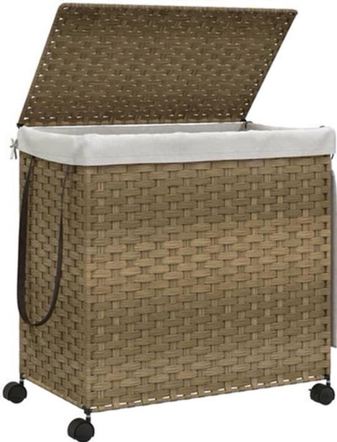 Wasmmand Rieten Wasmand Wasbak Wasmand Met Wielen – Handgeweven Riet – 4 Wielen Met Remmen – Afneembare Wasbare Binnenzak – Inklapbaar En Ruimtebesparend — afbeelding 1