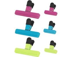 Bag Sealer Clips, 6 stuks voedselklemmen, grote en kleine maten, blauw, groen, rozerode kleuren, kunststof met roestvrij staal, robuuste luchtdichte afdichtingsgreep, geschikt voor thuis en
