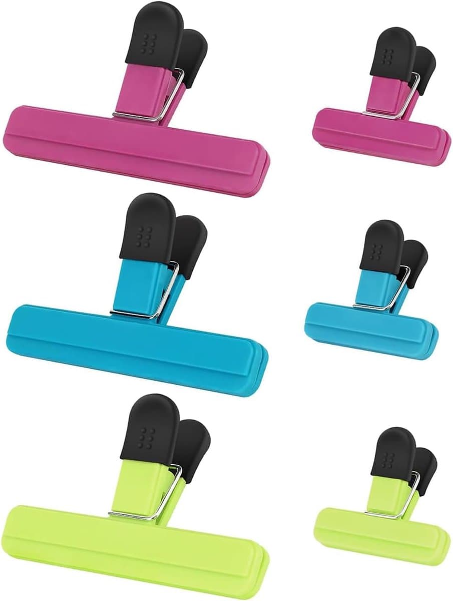 Bag Sealer Clips, 6 stuks voedselklemmen, grote en kleine maten, blauw, groen, rozerode kleuren, kunststof met roestvrij staal, robuuste luchtdichte afdichtingsgreep, geschikt voor thuis en — afbeelding 1